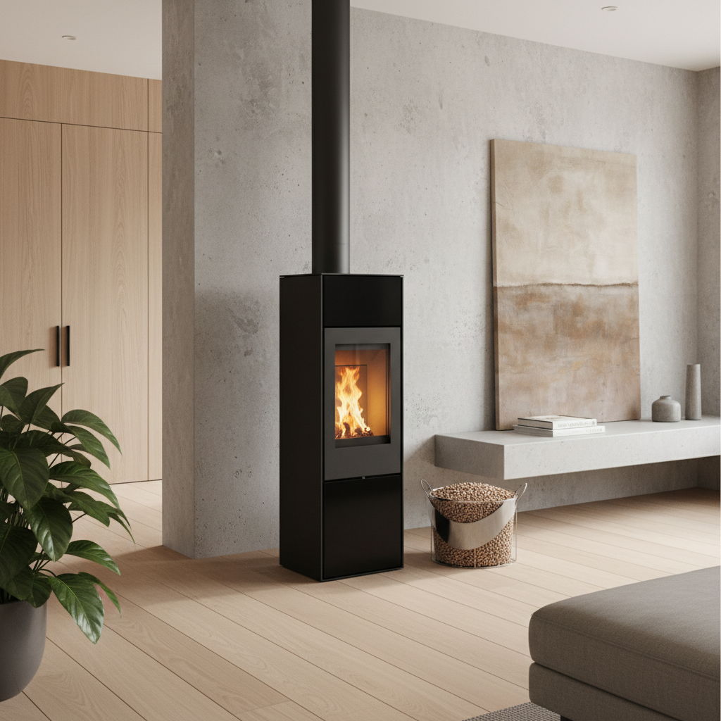 Nowoczesny, wolnostojący ekopiec na pelet o smukłej, czarnej obudowie, umieszczony w minimalistycznym salonie. Za szybą widać czysty, jasny płomień. Obok pieca stoi designerski kosz z peletem. Wnętrze jest jasne, z elementami drewna i betonu, co podkreśla ekologiczny i nowoczesny charakter urządzenia.