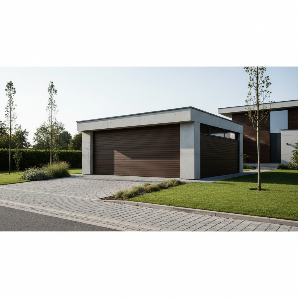 Zdjęcie przedstawiające nowoczesny, wolnostojący garaż jednostanowiskowy z płaskim dachem i elewacją wykończoną ciemnym drewnem i betonem architektonicznym. Garaż stoi na starannie zagospodarowanej działce, obok podjazdu z kostki brukowej. W tle widać fragment nowoczesnego domu, co podkreśla spójność stylistyczną całej posesji.