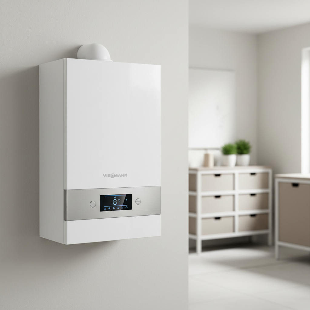 Zbliżenie na nowoczesny, kompaktowy kocioł kondensacyjny Viessmann Vitodens zamontowany na jasnej ścianie w estetycznym pomieszczeniu gospodarczym. Panel sterowania jest cyfrowy i podświetlony. Design urządzenia jest minimalistyczny i elegancki.