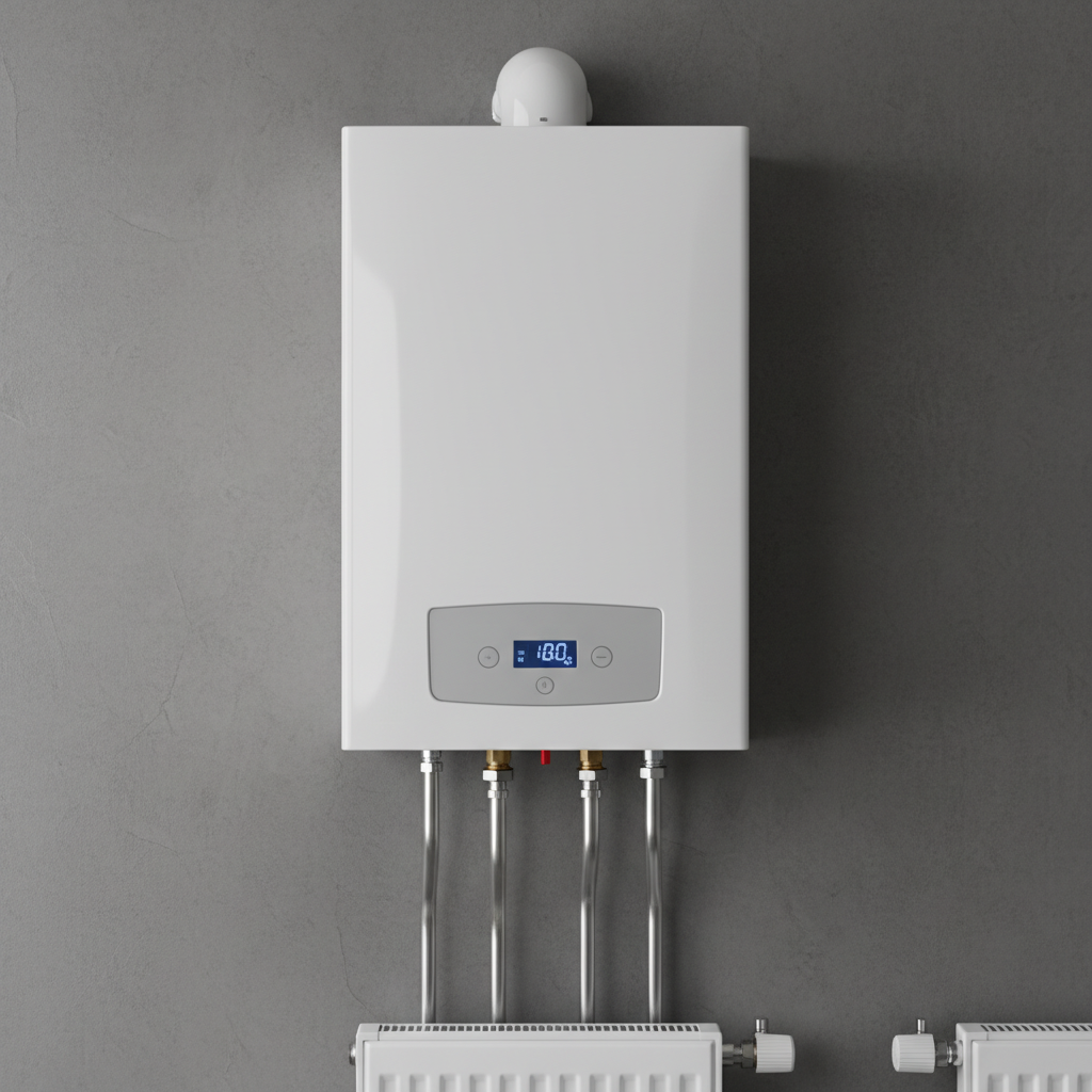 Estetyczne zbliżenie na nowoczesny, biały kocioł gazowy z zamkniętą komorą spalania, zamontowany na eleganckiej, szarej ścianie w łazience lub kuchni. Widać cyfrowy wyświetlacz i minimalistyczny panel sterowania, co podkreśla nowoczesność i bezpieczeństwo technologii.