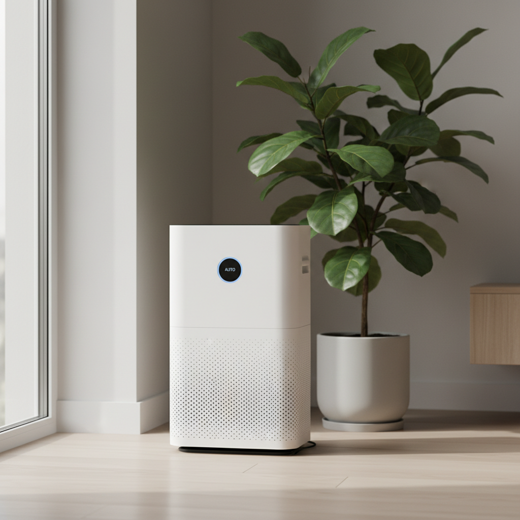 Stylowy, minimalistyczny oczyszczacz powietrza w białym kolorze, stojący na drewnianej podłodze obok dużej, zielonej rośliny doniczkowej. Światło z okna delikatnie oświetla urządzenie, podkreślając jego czysty design i harmonię z wnętrzem.