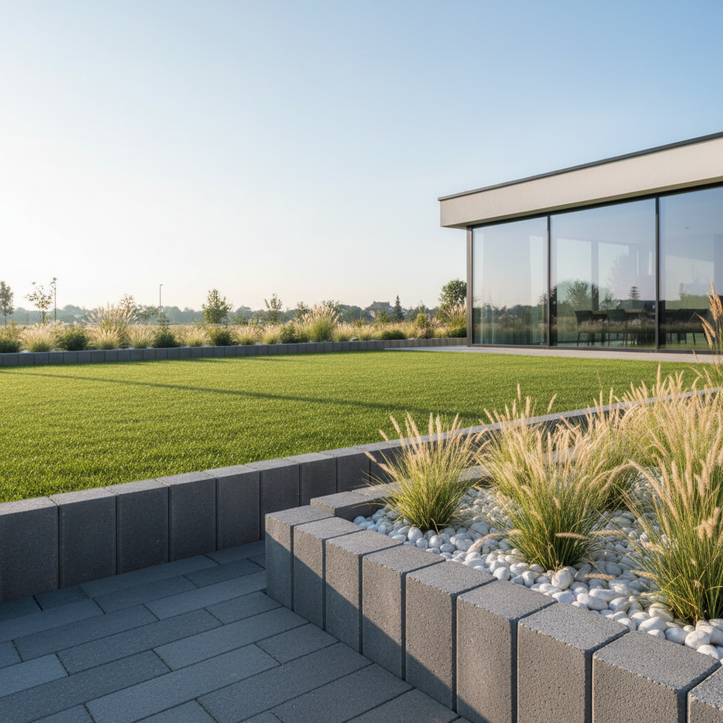 Zdjęcie przedstawia minimalistyczny ogród z idealnie przystrzyżonym trawnikiem. W tle widać fragment nowoczesnego domu z dużymi oknami. Na pierwszym planie, szare, betonowe palisady Polbruk Zen tworzą eleganckie, geometryczne obramowanie dla rabaty z ozdobnymi trawami i białymi kamieniami. Światło jest miękkie, poranne, podkreślające czystość formy i spokój aranżacji.
