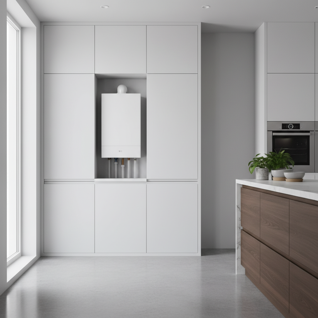 Szerokie ujęcie eleganckiej, nowoczesnej kuchni lub pomieszczenia gospodarczego, w którym na ścianie widać estetyczny, biały, wiszący kocioł gazowy. Kocioł jest dyskretnie wkomponowany w otoczenie, a cała instalacja jest czysta i uporządkowana. W tle widać fragment nowoczesnego wnętrza, co podkreśla, że dzisiejsze urządzenia grzewcze mogą być elementem wystroju. Światło jest jasne i naturalne.