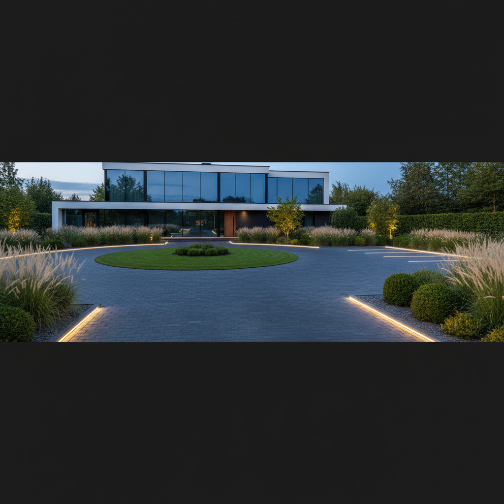 Szeroki, nowoczesny podjazd z ciemnej kostki brukowej prowadzący do minimalistycznego domu z dużymi przeszkleniami. Obok głównego podjazdu widoczna jest oddzielna zatoka parkingowa dla gości, a pętla wokół centralnego, zadbanego trawnika (gazonu) ułatwia manewrowanie. Całość otoczona jest nowoczesnym ogrodem z trawami ozdobnymi i subtelnym oświetleniem LED w nawierzchni.