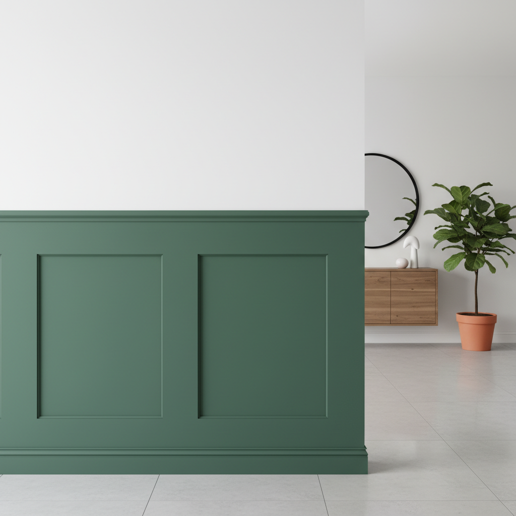 Jasny, nowocześnie urządzony przedpokój. Na ścianie widać elegancką, dwukolorową aranżację, gdzie dolna część ściany (dawna lamperia) pomalowana jest na głęboki, matowy odcień szałwiowej zieleni, a górna na klasyczną biel. Delikatne światło podkreśla gładkość i perfekcyjne wykończenie powierzchni. W tle widać stylowe, minimalistyczne meble i roślinę doniczkową.