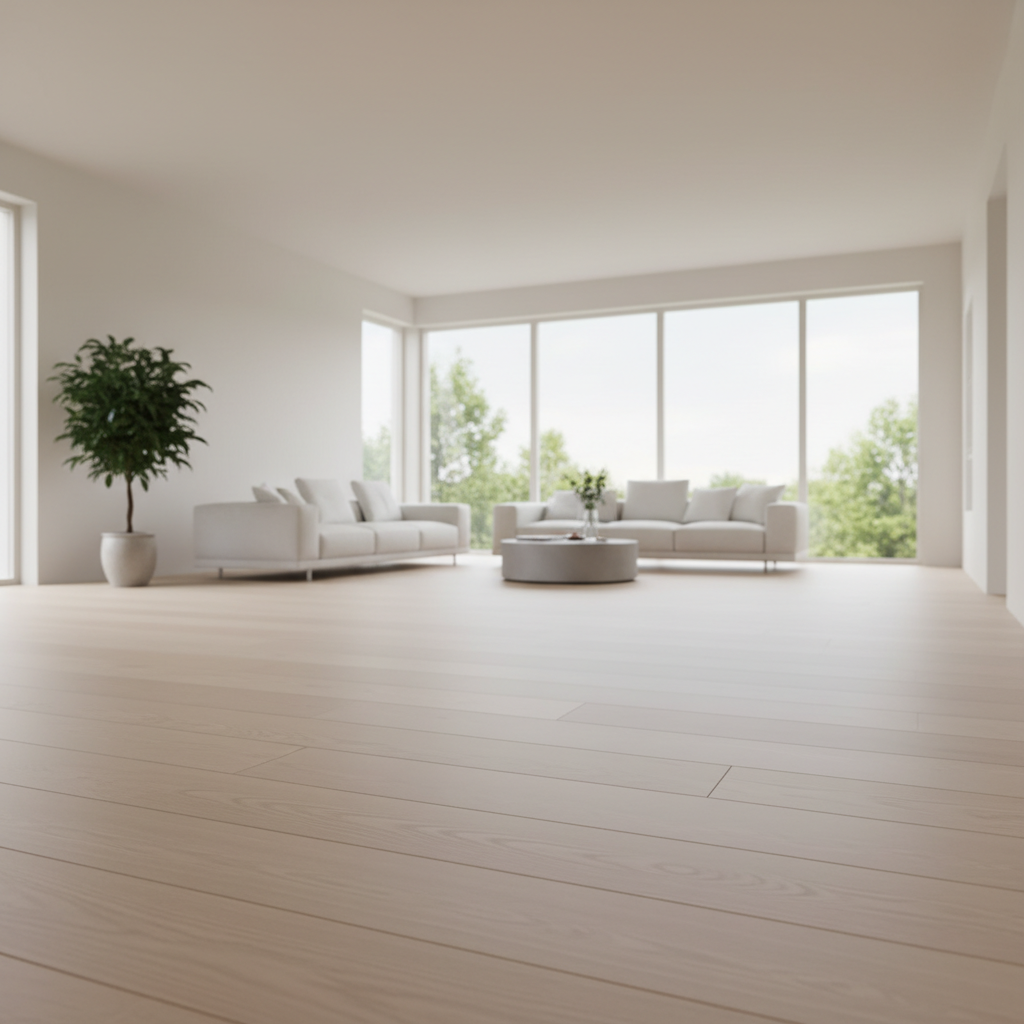 Nowoczesny, minimalistyczny salon z drewnianą podłogą pływającą. Wnętrze jest jasne i przestronne, z dużymi oknami i neutralną kolorystyką. Na pierwszym planie widać fragment podłogi z bliska, podkreślający jej gładką fakturę.