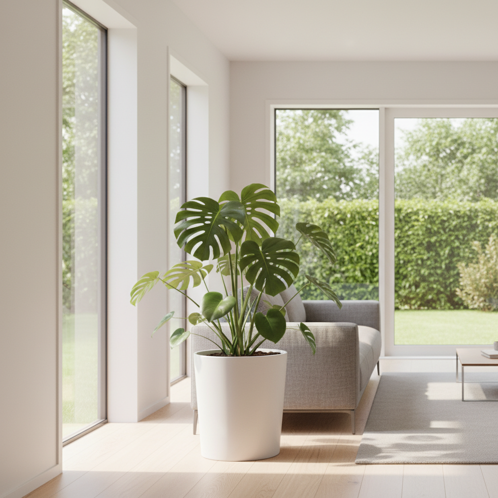 Jasny, przestronny salon w stylu nowoczesnym z dużymi oknami wychodzącymi na zielony ogród. W centralnym punkcie, obok minimalistycznej, szarej sofy, stoi duża, matowa, biała donica o geometrycznym, prostym kształcie, w której rośnie okazała monstera deliciosa. Światło słoneczne delikatnie oświetla wnętrze, podkreślając czyste linie mebli i teksturę rośliny.