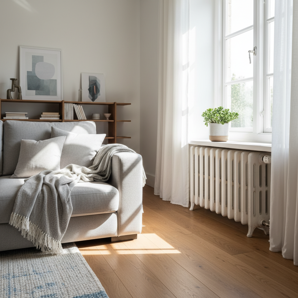 Jasny, nowoczesny salon z eleganckim, odnowionym białym grzejnikiem żeliwnym pod oknem, na którym stoi mała doniczka z zieloną rośliną. Wnętrze jest przytulne, z miękką kanapą i drewnianą podłogą, co podkreśla komfort cieplny.