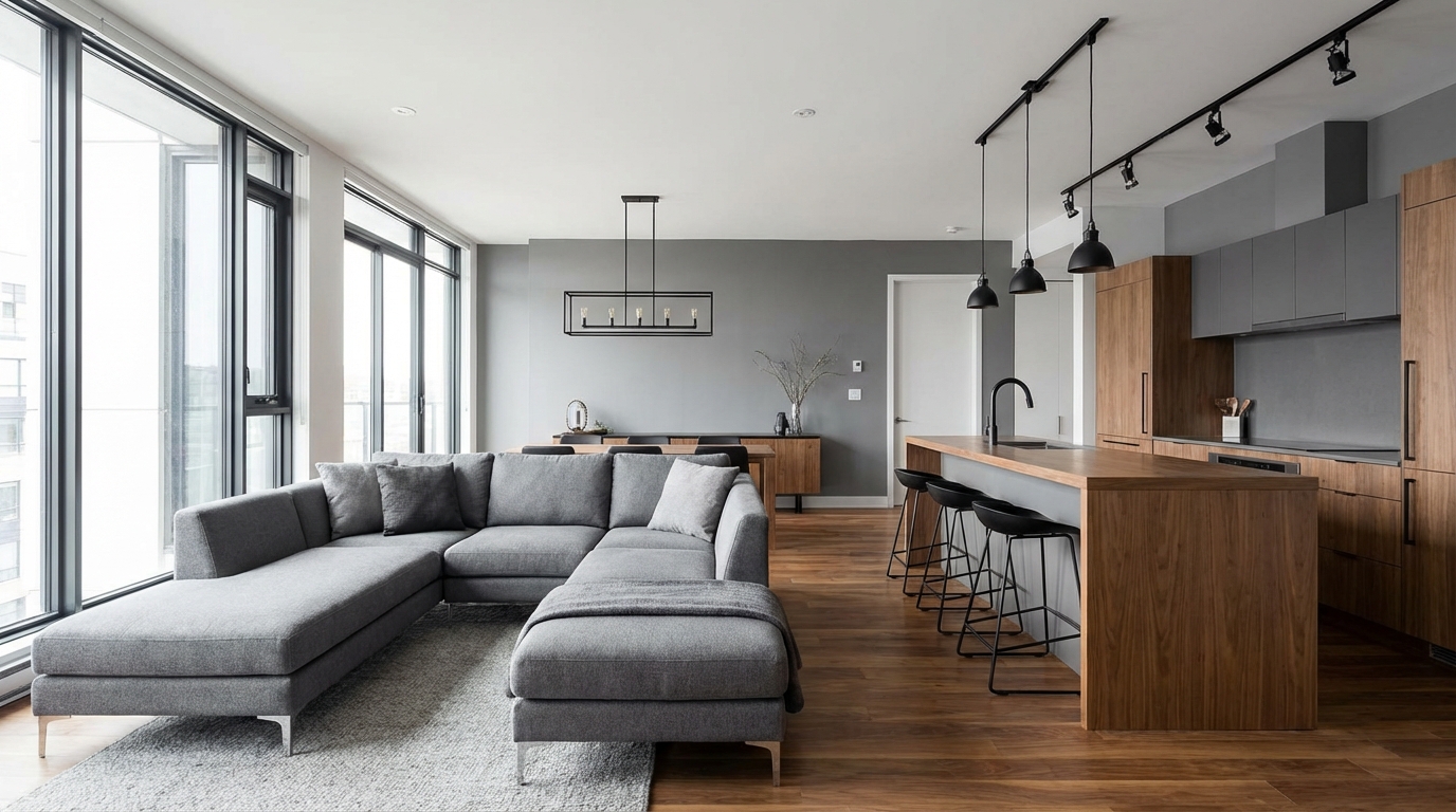 Szerokie, fotorealistyczne ujęcie nowoczesnego apartamentu z otwartą przestrzenią. Salon, w którym dominuje duży, wygodny szary narożnik, płynnie łączy się z minimalistyczną kuchnią z funkcjonalną wyspą. Paleta barw opiera się na różnych odcieniach szarości, przełamanych ciepłymi akcentami drewna i czarnymi, metalowymi detalami. Duże okna wpuszczają do wnętrza mnóstwo naturalnego światła, potęgując wrażenie jasności i przestronności.