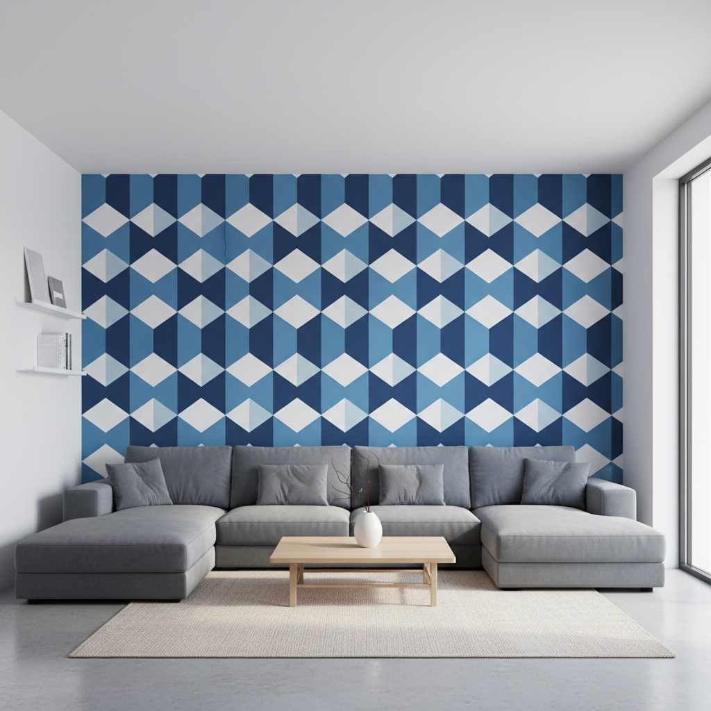 Nowoczesny, jasny salon z dużą szarą kanapą. Jedna ściana, za kanapą, jest w całości pokryta tapetą w odważny, geometryczny wzór w odcieniach błękitu i bieli. Wzór tworzy iluzję trójwymiarowości. Wnętrze jest minimalistyczne, z kilkoma prostymi dodatkami, aby tapeta była głównym punktem aranżacji. Światło dzienne wpada przez duże okno.