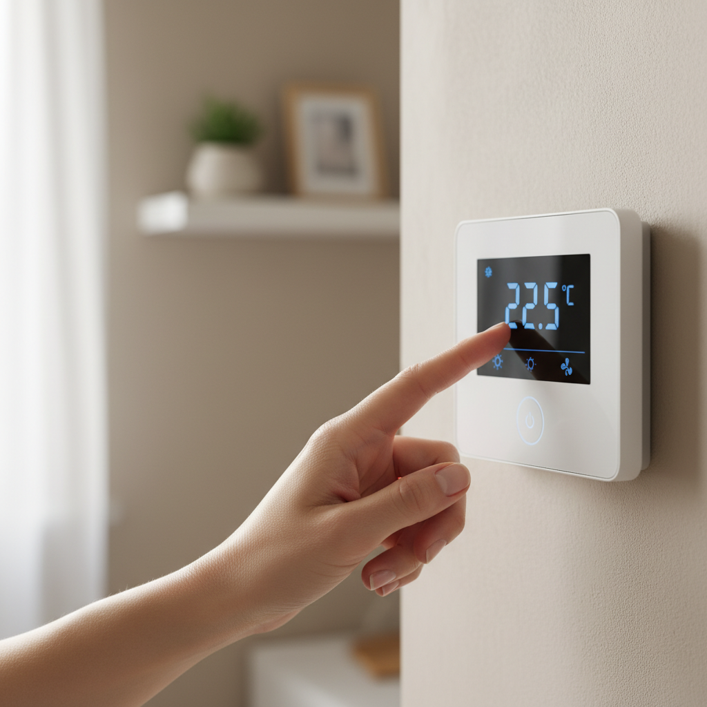 Zbliżenie na dłoń osoby, która z łatwością reguluje temperaturę na nowoczesnym, elektronicznym termostacie ściennym z cyfrowym wyświetlaczem. Tło jest lekko rozmyte, ale widać fragment estetycznego, minimalistycznego wnętrza. Urządzenie jest eleganckie i intuicyjne w obsłudze.