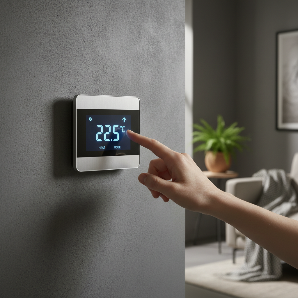 Elegancki, cyfrowy termostat ścienny z minimalistycznym interfejsem, zamontowany na teksturowanej, szarej ścianie. Dłoń delikatnie dotyka ekranu, zmieniając ustawienia temperatury. Oświetlenie pada na urządzenie, podkreślając jego nowoczesny design i technologiczną zaawansowanie.