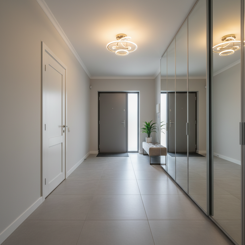 Jasny i przestronny wiatrołap z dużymi, szarymi płytkami podłogowymi. Po jednej stronie znajduje się elegancka szafa wnękowa z lustrzanymi frontami, a naprzeciwko stylowe drzwi wejściowe. Nowoczesna lampa sufitowa rzuca ciepłe światło.