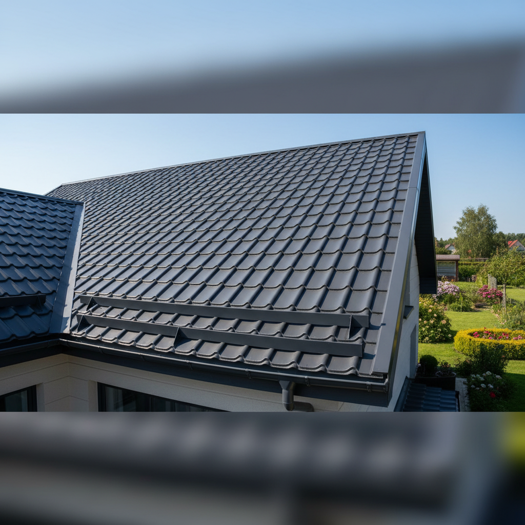 Panoramiczne ujęcie nowo położonego dachu z blachodachówki w kolorze antracytowym. Arkusze blachy są idealnie dopasowane, widać nowoczesne obróbki blacharskie i rynny. W tle fragment ogrodu i błękitne niebo. Obraz symbolizuje trwałość i ostateczne rozwiązanie problemu.