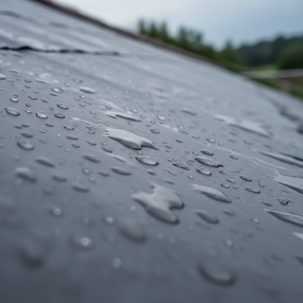 Zbliżenie na gładką, jednolitą i elastyczną powłokę nylonu dekarskiego nałożoną na dach, z kroplami deszczu spływającymi po niej, podkreślając jej wodoodporność. Fotografia w makro, z miękkim światłem.