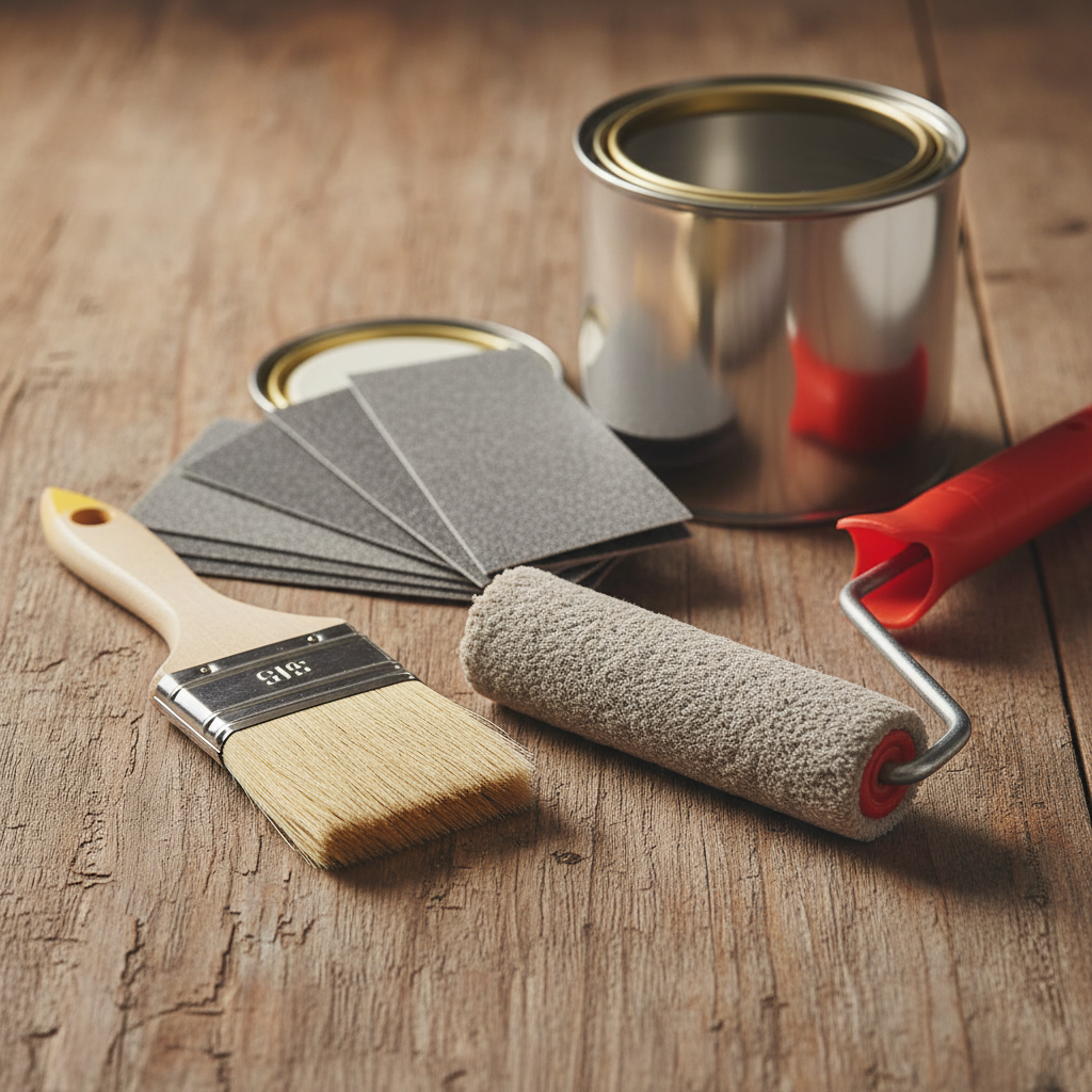 Estetyczna kompozycja na drewnianym tle przedstawiająca narzędzia do lakierowania. Na pierwszym planie wałek z mikrofibry o krótkim włosiu, obok niego płaski pędzel z naturalnego włosia. W tle widać otwartą puszkę z lakierem oraz szare papiery ścierne o różnej gradacji. Całość utrzymana w ciepłej, naturalnej kolorystyce, podkreślającej rzemieślniczy charakter pracy.