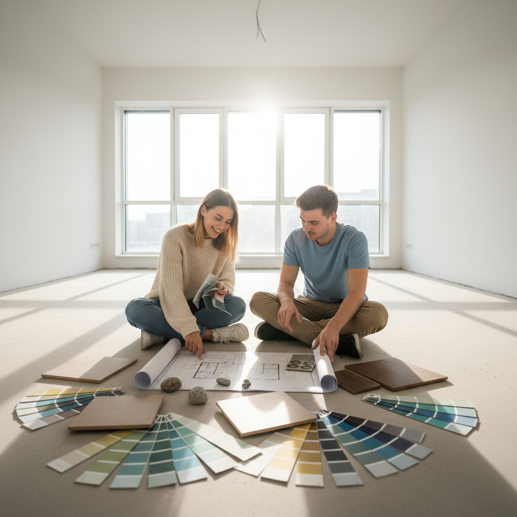 Młoda para siedząca na podłodze w pustym, nowym mieszkaniu, otoczona wzornikami kolorów, próbkami podłóg i planami architektonicznymi, z entuzjazmem dyskutująca o przyszłym wystroju wnętrza. Ciepłe, naturalne światło wpada przez duże okno.