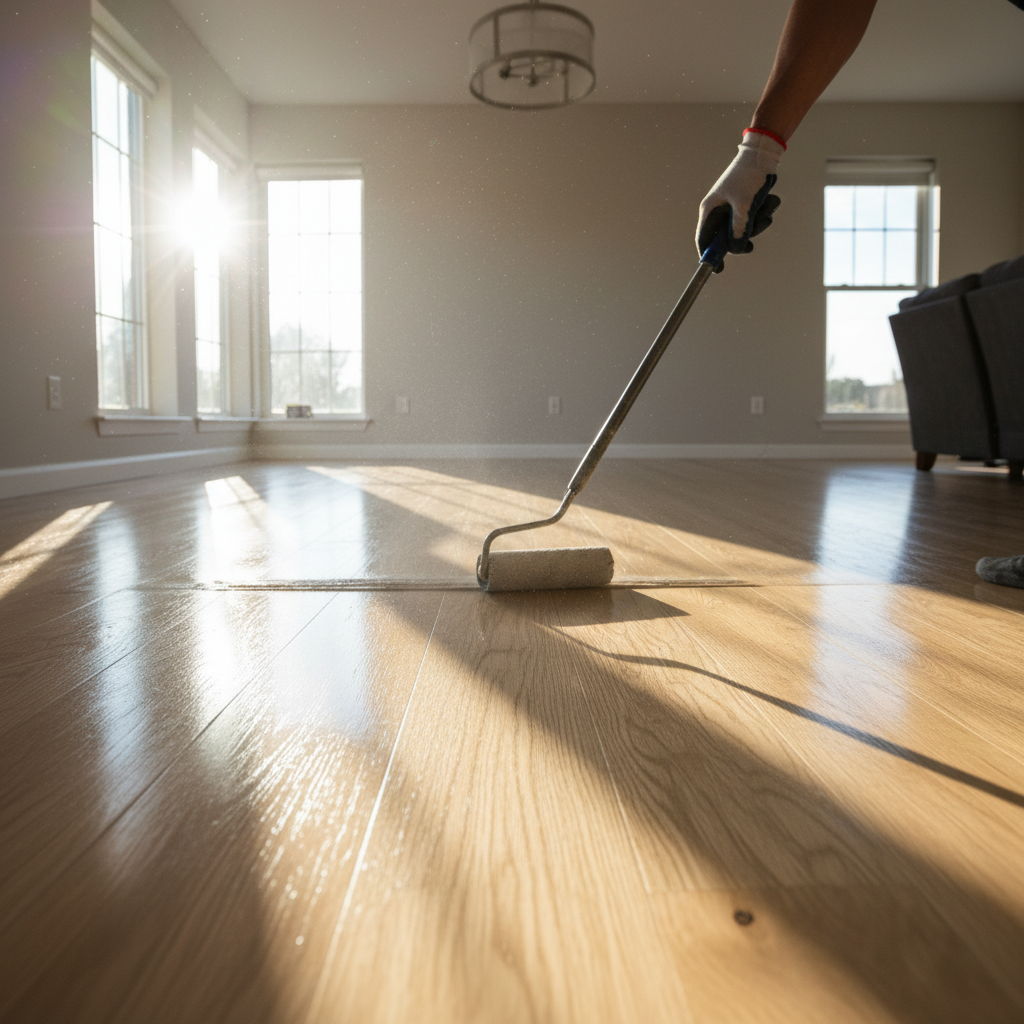 Zdjęcie z perspektywy osoby lakierującej drewnianą podłogę. W kadrze widoczna ręka w rękawicy ochronnej, trzymająca wałek z długą rączką i nakładająca cienką, równomierną warstwę bezbarwnego lakieru na jasną, drewnianą podłogę. Słońce wpadające przez okno tworzy na mokrej powierzchni piękne refleksy, podkreślając świeżość i blask nowej powłoki.