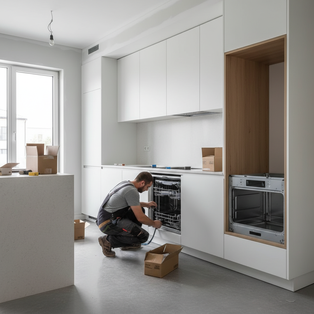 Nowoczesna, jasna kuchnia w trakcie montażu. Fachowiec podłącza sprzęt AGD (np. zmywarkę lub piekarnik) do zabudowy meblowej. W tle widać gotowe szafki, blaty i nowo pomalowane ściany, co daje wrażenie finalizowania prac.