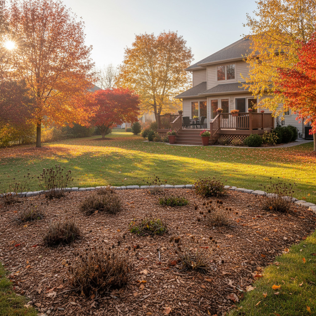 Piękny, zadbany ogród w pełni jesiennych barw. Słońce delikatnie oświetla kolorowe liście na drzewach i krzewach. W tle widać dom z tarasem, a na pierwszym planie rabaty kwiatowe przygotowane na zimę, przykryte warstwą kory. Całość tworzy ciepły, spokojny i dobrze zorganizowany krajobraz.