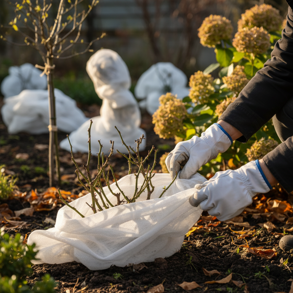 Dłonie ogrodnika w rękawicach roboczych starannie owijające krzew róży białą agrowłókniną. W tle widać zadbany ogród z innymi roślinami przygotowanymi na zimę. Scena emanuje troską i profesjonalizmem, podkreślając wagę ochrony roślin przed mrozem.