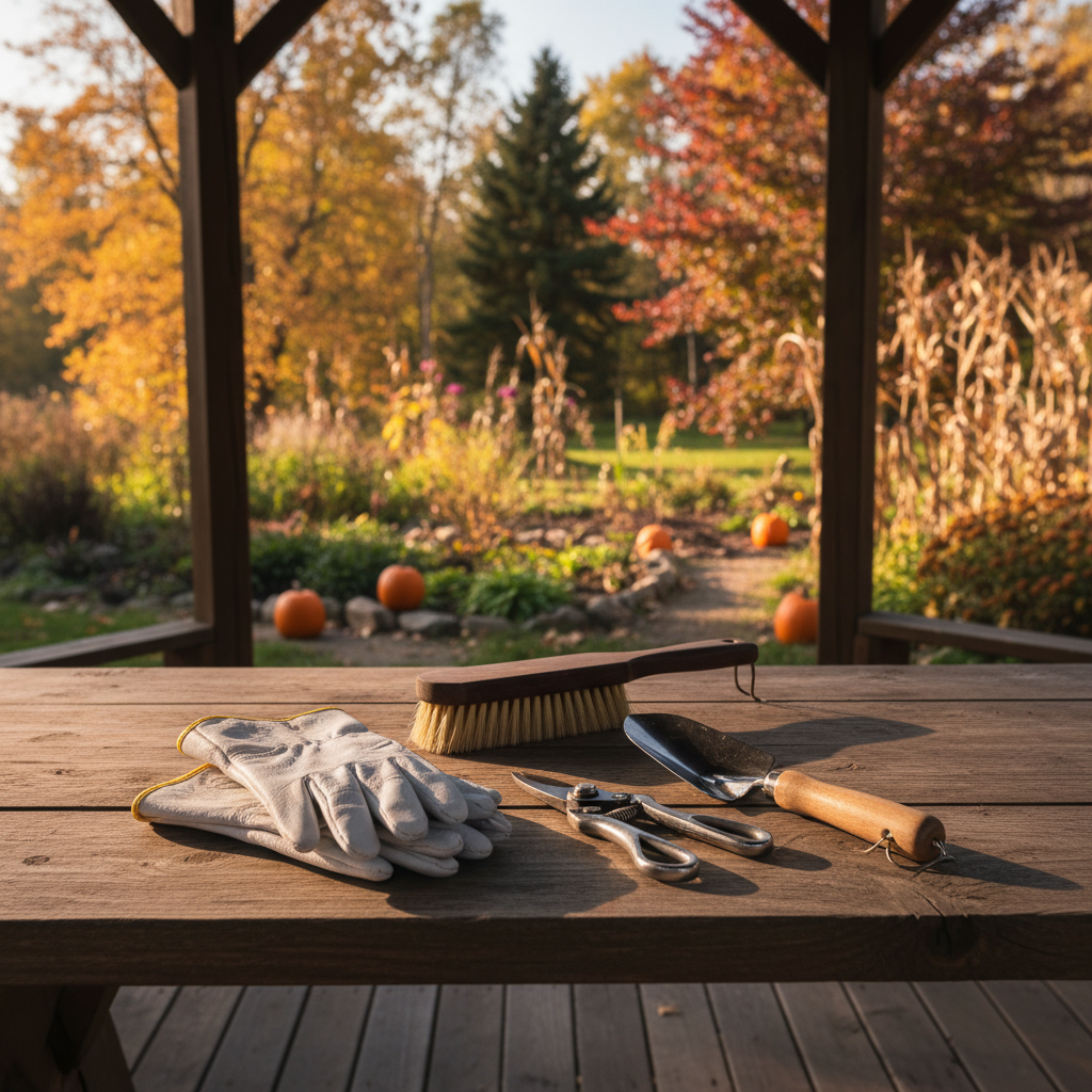 Kompozycja przedstawiająca estetycznie ułożone, czyste narzędzia ogrodnicze: rękawice, szczotkę zewnętrzną, sekator i małą łopatkę. Leżą na drewnianym stole w altanie, z widokiem na jesienny ogród w tle, co sugeruje satysfakcję po dobrze wykonanej pracy.