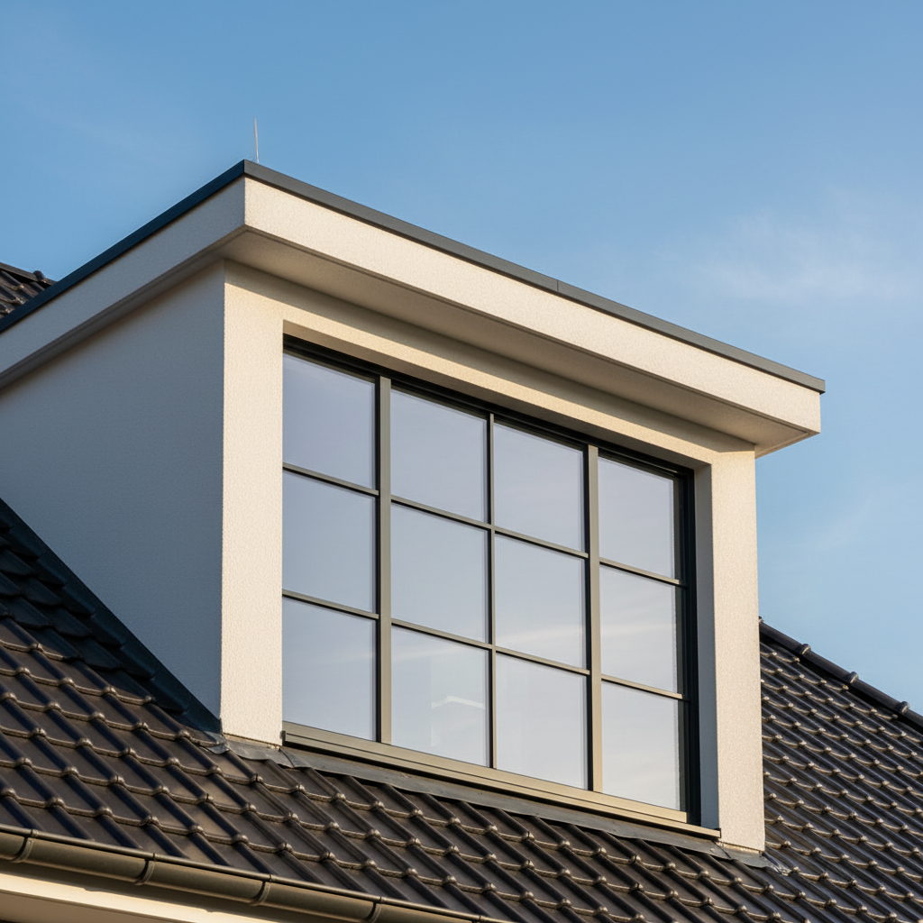 Zbliżenie na elegancką, nowoczesną lukarnę z dużym oknem, osadzoną w grafitowej dachówce ceramicznej. Słońce delikatnie oświetla jej białą elewację, tworząc grę światła i cienia. W tle widać fragment błękitnego nieba z lekkimi chmurami.