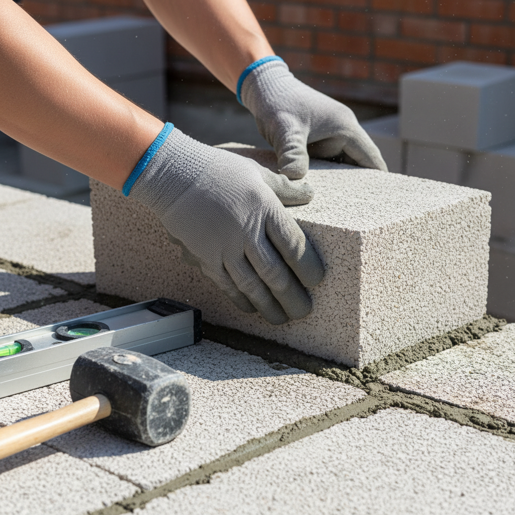 Zbliżenie na dłonie murarza w rękawicach, który precyzyjnie układa bloczek z betonu komórkowego na warstwie zaprawy. Obok widać poziomicę i gumowy młotek. Scena jest dobrze oświetlona, podkreślając czystość i precyzję pracy.