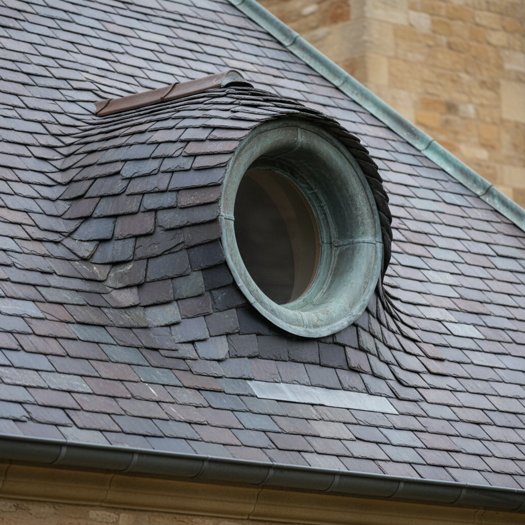 Zbliżenie na dach z wolem okiem, pokryty naturalnym łupkiem. Płynne, faliste linie konstrukcji pięknie komponują się z tradycyjną architekturą budynku, tworząc elegancki i ponadczasowy detal.