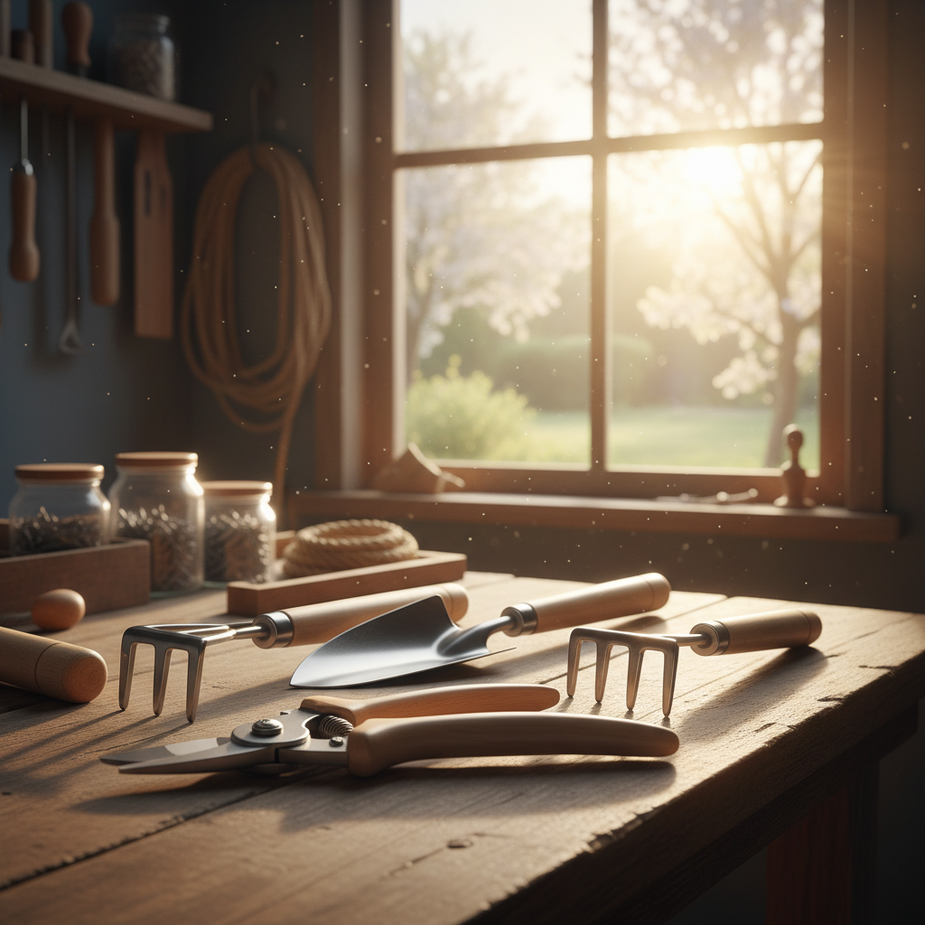 Zestaw czystych, lśniących narzędzi ogrodowych (sekator, łopatka, grabki) ułożonych na drewnianym stole w warsztacie, gotowych do rozpoczęcia sezonu. W tle widać promienie wschodzącego słońca wpadające przez okno.