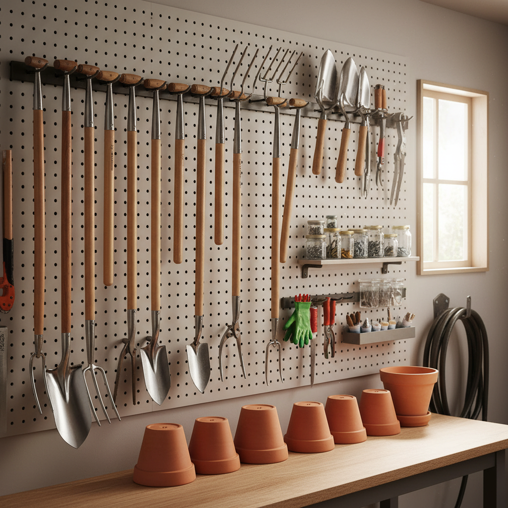 Schludnie zorganizowana ściana w garażu lub szopie ogrodowej. Narzędzia takie jak grabie, łopaty, sekatory i nożyce wiszą na specjalnych uchwytach. Wszystko jest czyste, naoliwione i gotowe do użycia, co symbolizuje dobrze przygotowany sezon ogrodniczy.