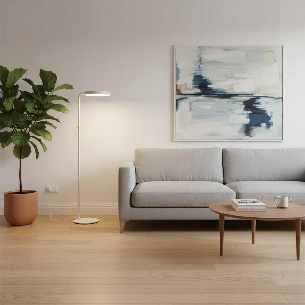 Elegancki salon z nowoczesnym wystrojem. Jasna, drewniana podłoga styka się z białą ścianą. Wzdłuż ściany biegnie estetyczna, biała listwa przypodłogowa, z której wychodzi dyskretny przewód do lampy stojącej w rogu. Światło z lampy tworzy ciepłą, przytulną atmosferę.