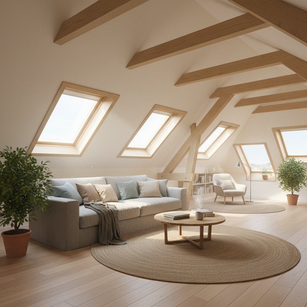 Zdjęcie przestronnego, jasnego poddasza z kilkoma oknami dachowymi, które równomiernie oświetlają wnętrze, tworząc przytulną atmosferę.