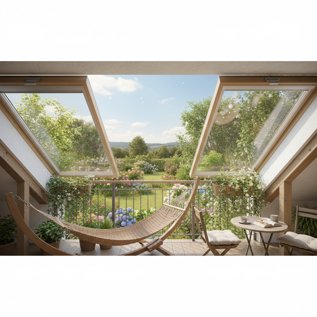 Zdjęcie otwartego balkonu dachowego z widokiem na ogród, pokazujące, jak można cieszyć się świeżym powietrzem na poddaszu.