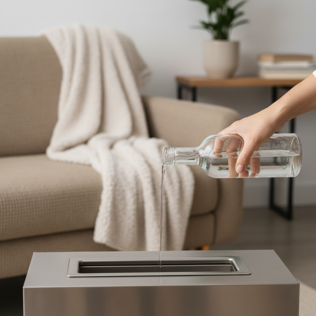 Eleganckie, zadbane dłonie kobiety ostrożnie wlewają przezroczyste biopaliwo ze stylowej butelki do stalowego paleniska nowoczesnego biokominka. W tle widać fragment przytulnego wnętrza z miękkim kocem. Scena jest spokojna, czysta i podkreśla prostotę oraz bezpieczeństwo obsługi urządzenia.