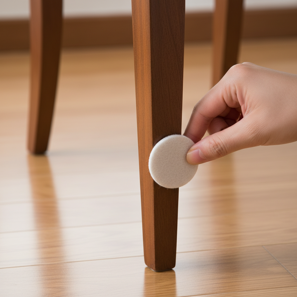Estetyczne zbliżenie na dłoń przyklejającą okrągłą, grubą, filcową podkładkę pod drewnianą nogę eleganckiego krzesła. W tle widać fragment pięknej, lakierowanej podłogi drewnianej.
