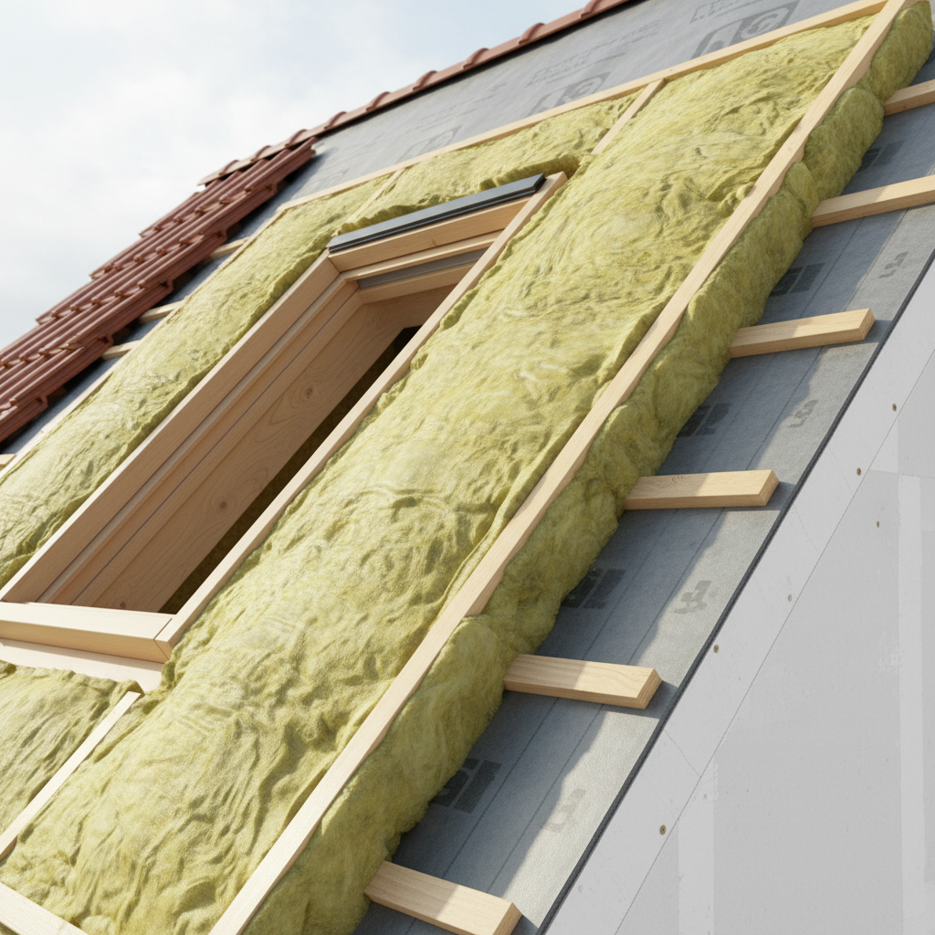 Zbliżenie na przekrój prawidłowo zamontowanego okna dachowego, pokazujące warstwy izolacji. Wełna mineralna otula ramę okienną, łącząc się z izolacją dachu. W tle widać fragment krokwi i membrany dachowej.