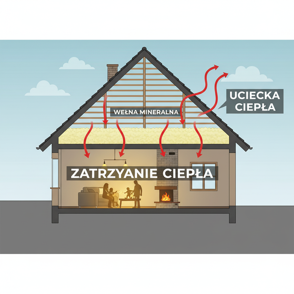 Przekrój domu jednorodzinnego pokazujący ocieplenie stropu wełną mineralną, z wyraźnie zaznaczonymi strzałkami symbolizującymi ucieczkę ciepła przez nieocieplony dach oraz zatrzymanie ciepła przez ocieplony strop.