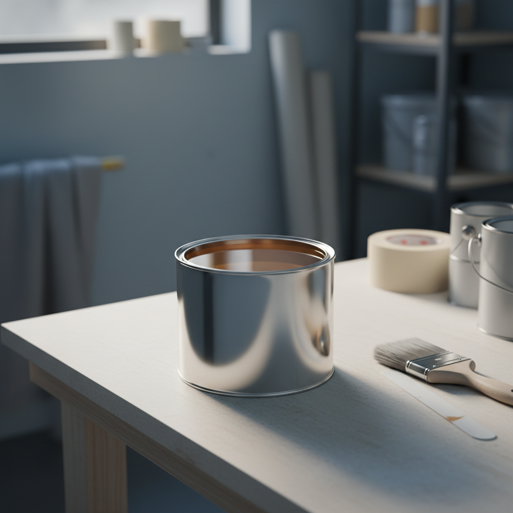 Spokojne ujęcie otwartej puszki z lakierem, stojącej na czystej powierzchni w warsztacie lub pokoju przygotowanym do malowania. Światło delikatnie odbija się od gładkiej, nieruchomej tafli lakieru, na której nie widać żadnych pęcherzyków powietrza. Scena emanuje spokojem i cierpliwością, symbolizując proces odgazowania.