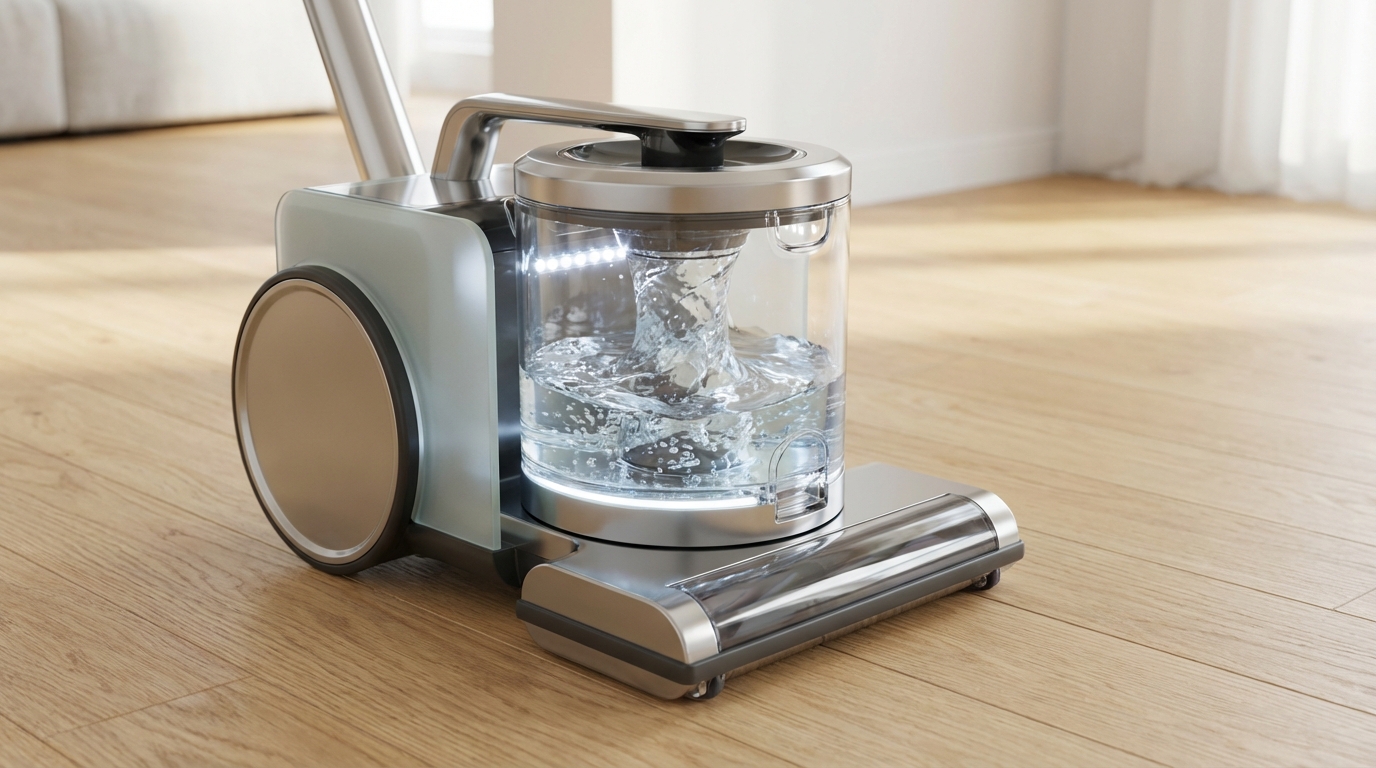 Nowoczesny, designerski odkurzacz z filtrem wodnym stoi na jasnej, drewnianej podłodze. Przez przezroczysty zbiornik widać wirującą wodę, która symbolizuje proces oczyszczania. Ujęcie jest estetyczne, skupione na technologii i czystości, bez widocznej osoby.