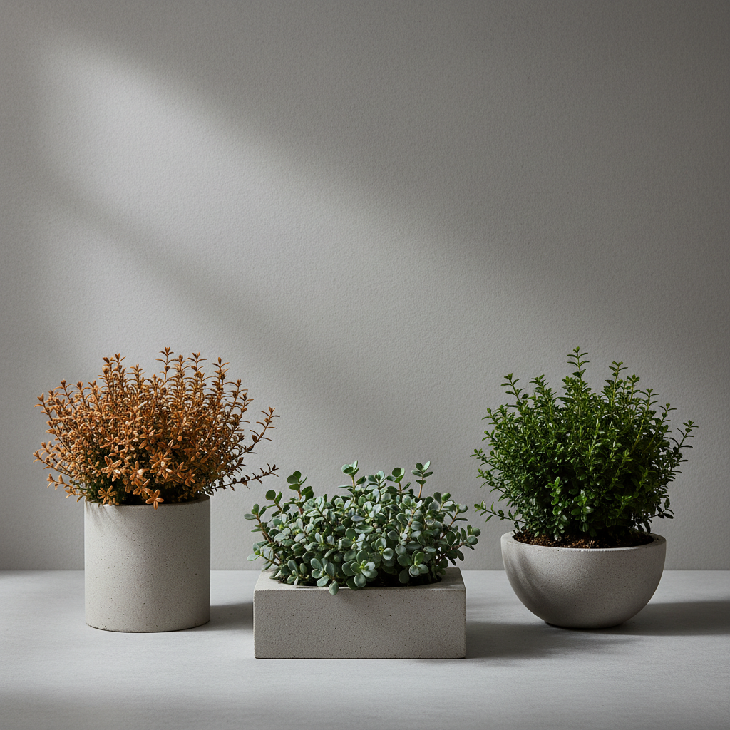 Artystyczna kompozycja trzech różnych gatunków Hebe w minimalistycznych, kamiennych donicach. Jedna to Hebe ochrowata o miedzianym kolorze, druga to Hebe tłustolistna z szaro-zielonymi liśćmi, a trzecia to Hebe bukszpanowata o ciemnej zieleni. Tło jest neutralne, szare, co podkreśla różnorodność kształtów i kolorów roślin.