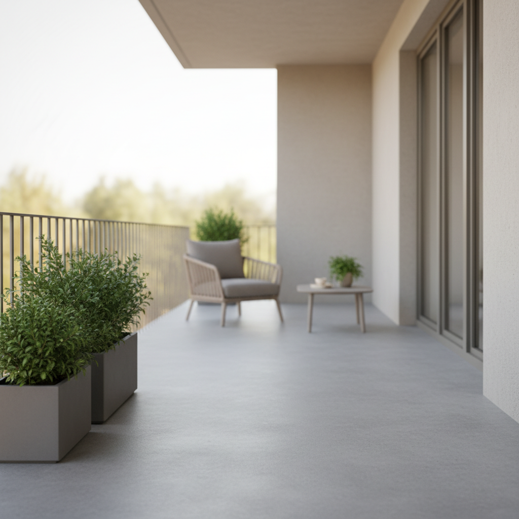 Szerokie ujęcie pięknie odnowionego, gładkiego, szarego betonowego balkonu w słoneczny dzień. W rogu stoją nowoczesne donice z zielonymi roślinami, a obok nich wygodny fotel ogrodowy i mały stolik kawowy. Tło jest lekko rozmyte, skupiając uwagę na perfekcyjnie wykonanej posadzce i poczuciu relaksu. Zdjęcie ma ciepłą, zachęcającą kolorystykę.