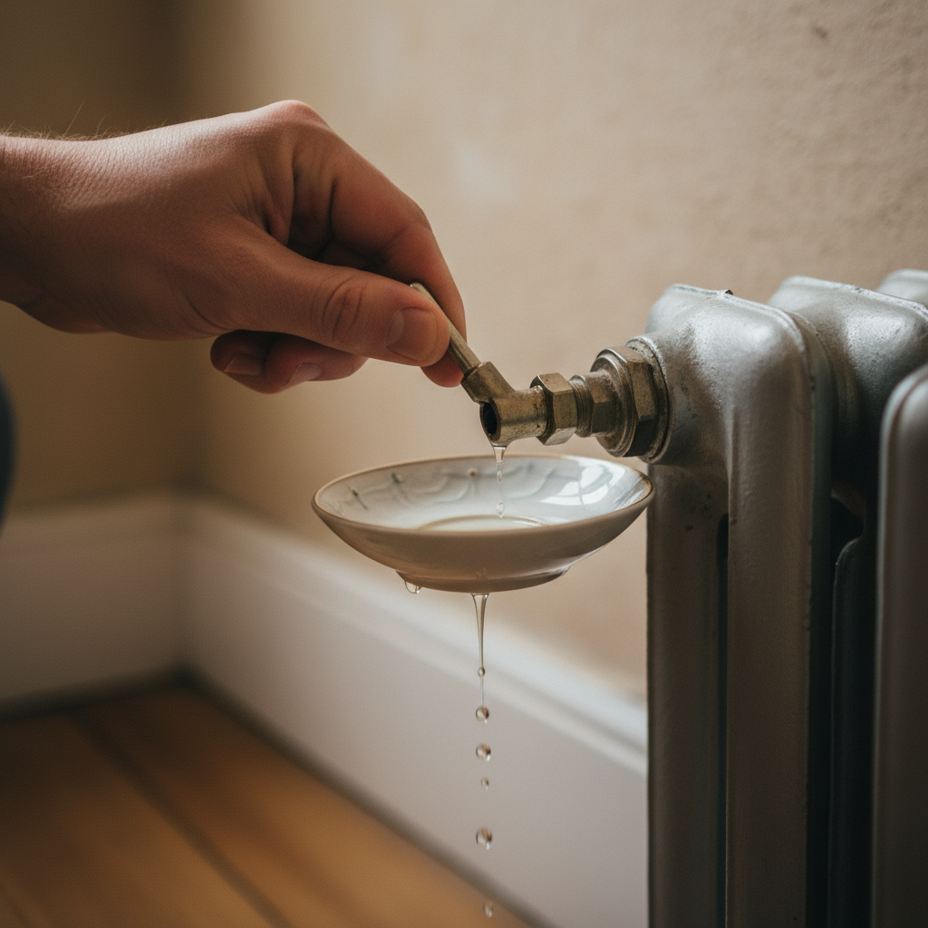 Zbliżenie na dłoń trzymającą specjalny kluczyk do odpowietrzania, przyłożony do zaworu odpowietrzającego starego, żeliwnego grzejnika. Pod zaworem podstawione jest małe naczynie, do którego kapie woda. Tło jest lekko rozmyte, skupiając uwagę na czynności.