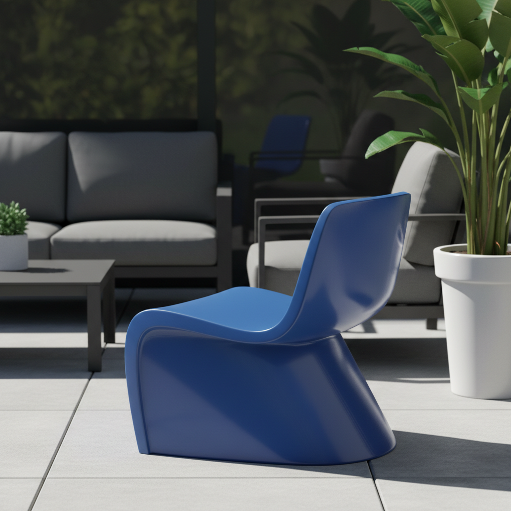 Zbliżenie na fragment nowoczesnego tarasu ogrodowego. Podłoga wykonana jest z dużych, gładkich płyt betonowych w kolorze jasnoszarym. Widoczny jest minimalistyczny, grafitowy zestaw mebli ogrodowych, ale centralnym punktem kadru jest pojedynczy, designerski fotel w intensywnym, kobaltowym kolorze. Obok fotela stoi prosta, biała donica z pojedynczą, zieloną rośliną. Scena jest czysta, graficzna i doskonale ilustruje użycie mocnego akcentu kolorystycznego.