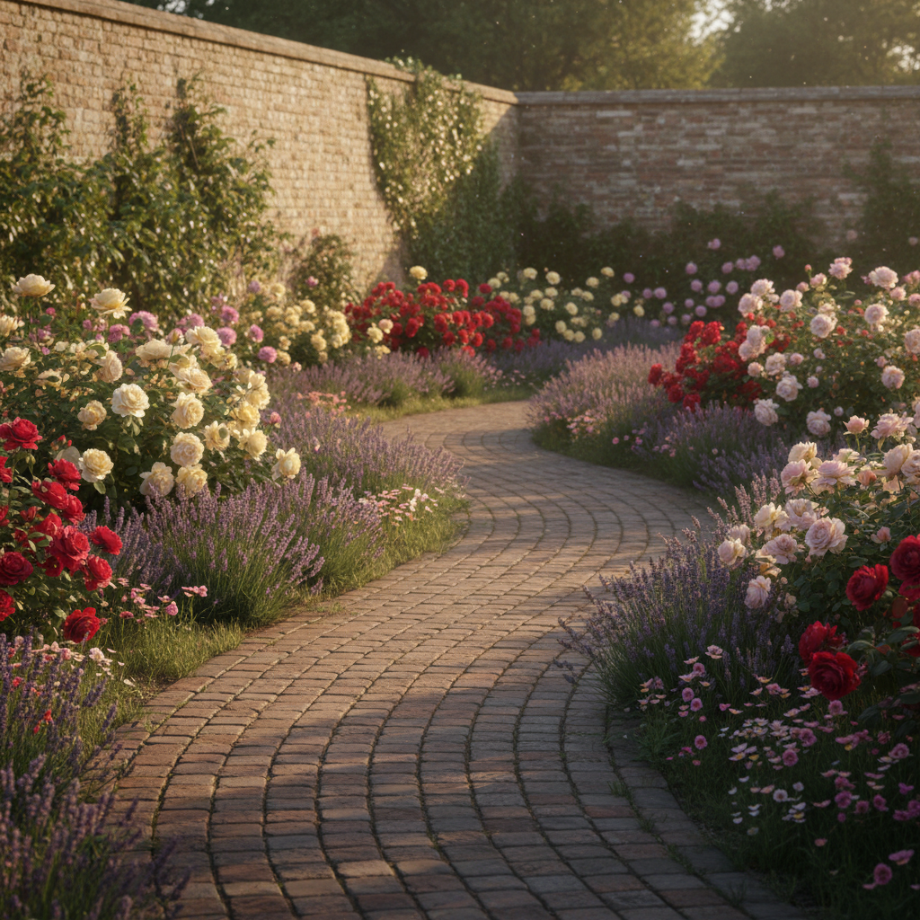 Urokliwa ścieżka w stylu angielskim, wykonana z kostki brukowej w ciepłych odcieniach czerwieni i brązu, przypominającej starą cegłę. Ścieżka wije się swobodnie wśród bujnych rabat kwiatowych z różami i lawendą, prowadząc w stronę starego, ceglanego muru porośniętego bluszczem. Romantyczna, sielska atmosfera, miękkie popołudniowe słońce.