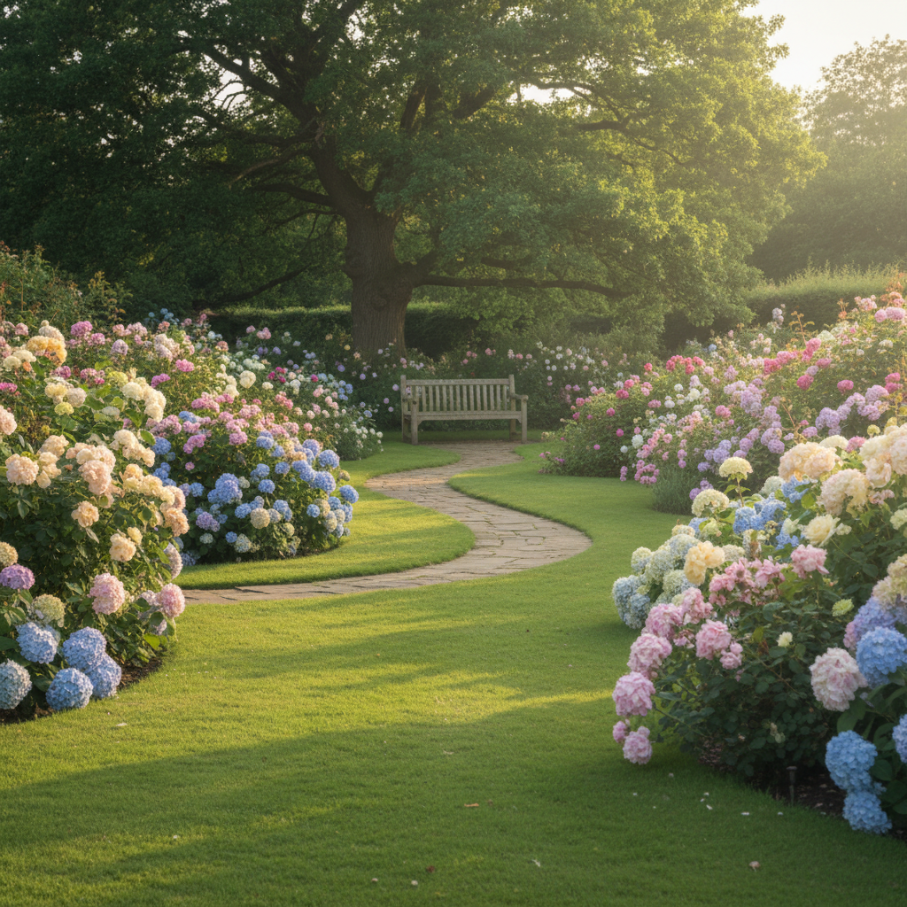 Panoramiczny widok na bujny, angielski ogród w letnie popołudnie. Ścieżka z kamienia wije się przez trawnik, prowadząc do drewnianej ławki pod starym dębem. Wokół mnóstwo kwitnących róż i hortensji w pastelowych kolorach. Delikatne, złote światło słońca.