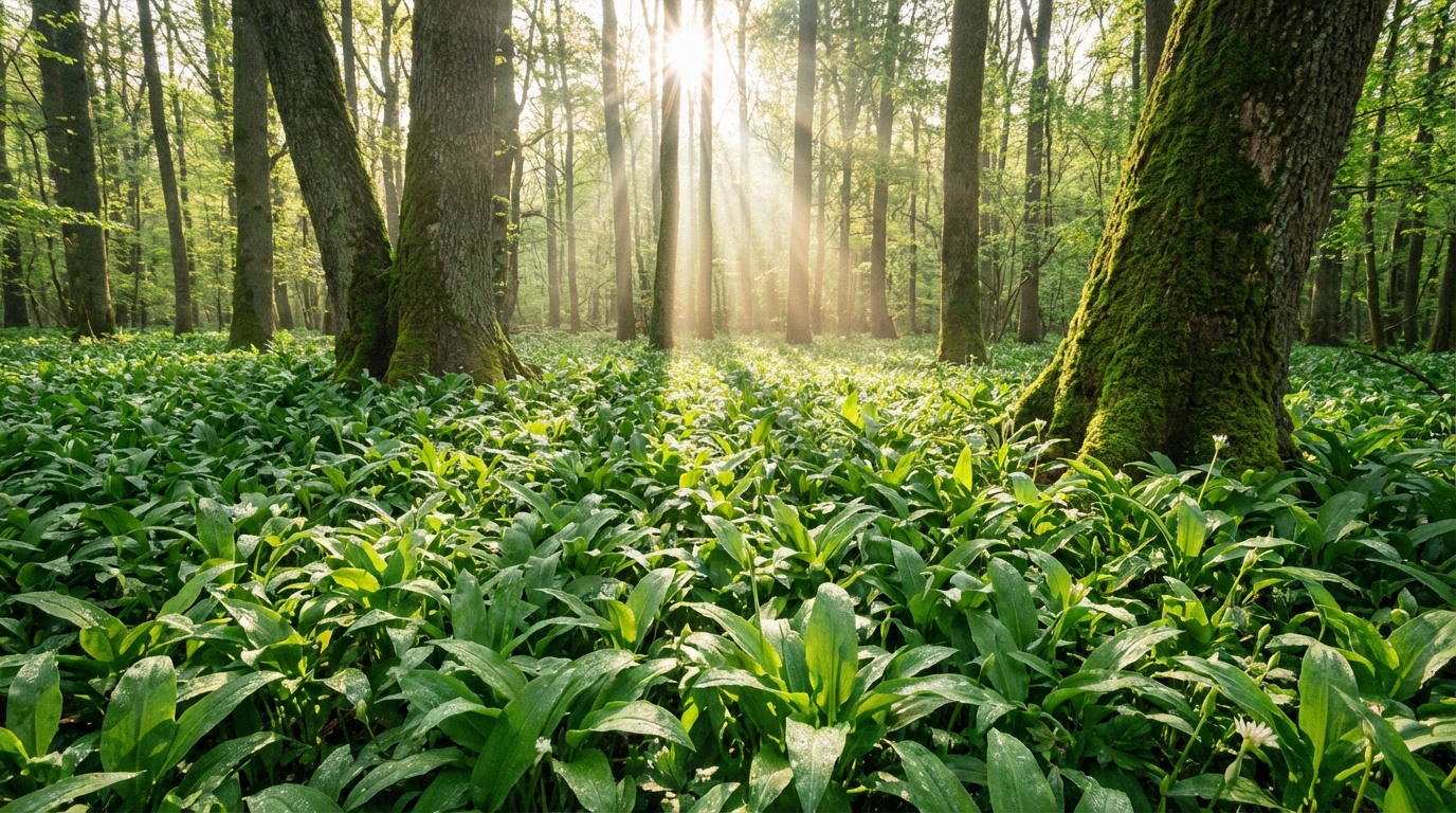 Szeroki kadr przedstawiający bujny, zielony dywan z liści czosnku niedźwiedziego rosnący w naturalnym, leśnym otoczeniu. Poranne słońce przebija się przez gałęzie drzew, rzucając malownicze smugi światła na rośliny. Zdjęcie jest świeże, naturalne i zachęcające.