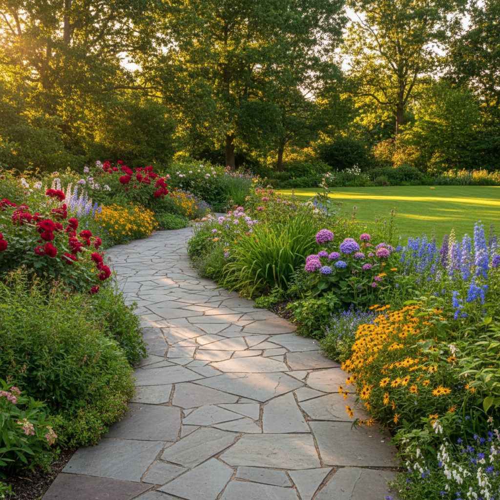 Piękna, wijąca się ścieżka ogrodowa wykonana z jasnoszarych płyt kamiennych, otoczona bujną, zieloną roślinnością, kolorowymi kwiatami i zadbanym trawnikiem. Słońce delikatnie prześwieca przez liście drzew, tworząc malownicze cienie na ścieżce. Styl fotorealistyczny, ciepłe, zachęcające światło.