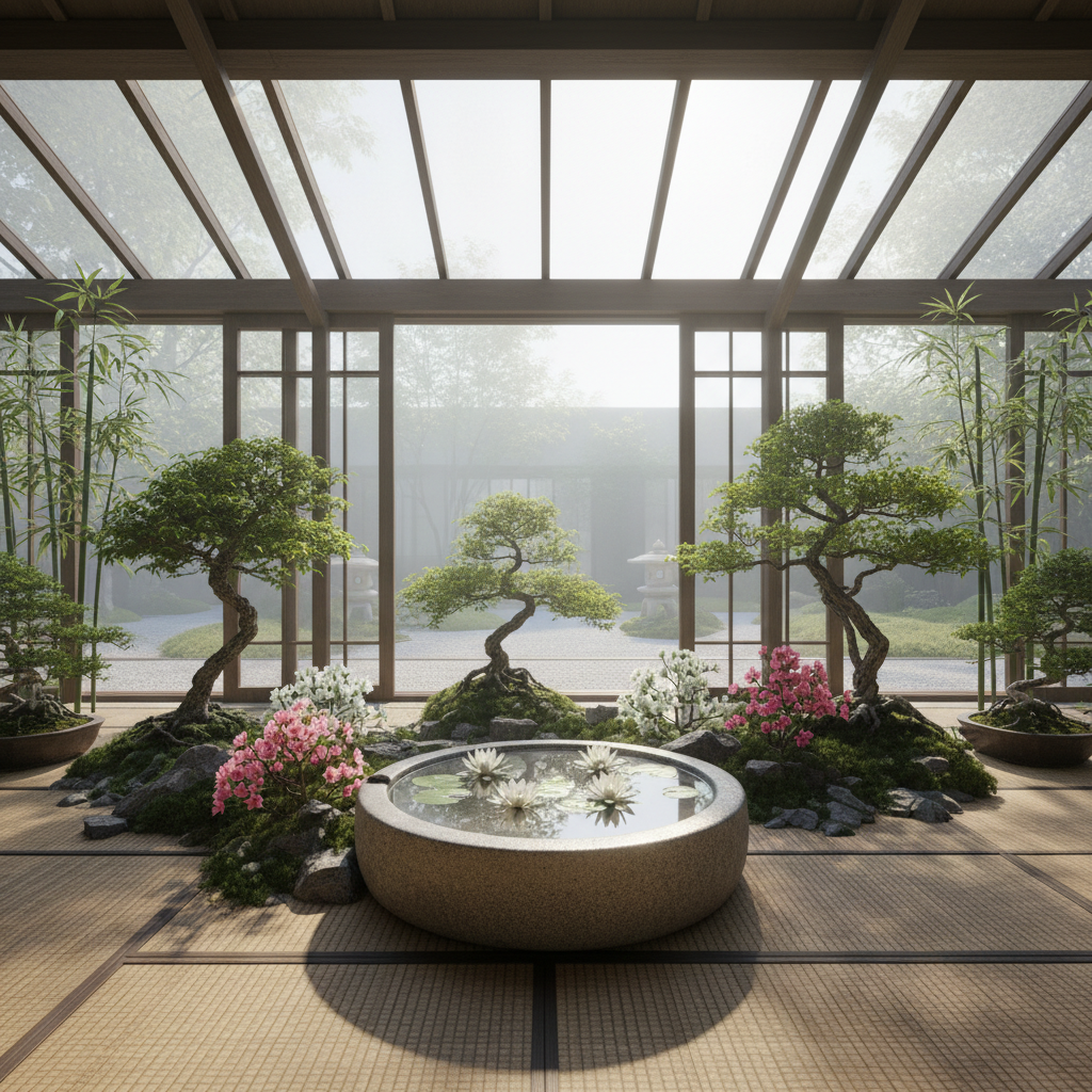 Wnętrze ogrodu zimowego w stylu japońskim, charakteryzujące się spokojem i harmonią. W centrum znajduje się mały, kamienny basenik z wodą i kilkoma liliami wodnymi. Wokół niego rosną miniaturowe drzewka bonsai, kępy bambusa i delikatne azalie. Na podłodze leżą bambusowe maty, a przez okna widać minimalistyczny krajobraz z kamiennymi latarniami.