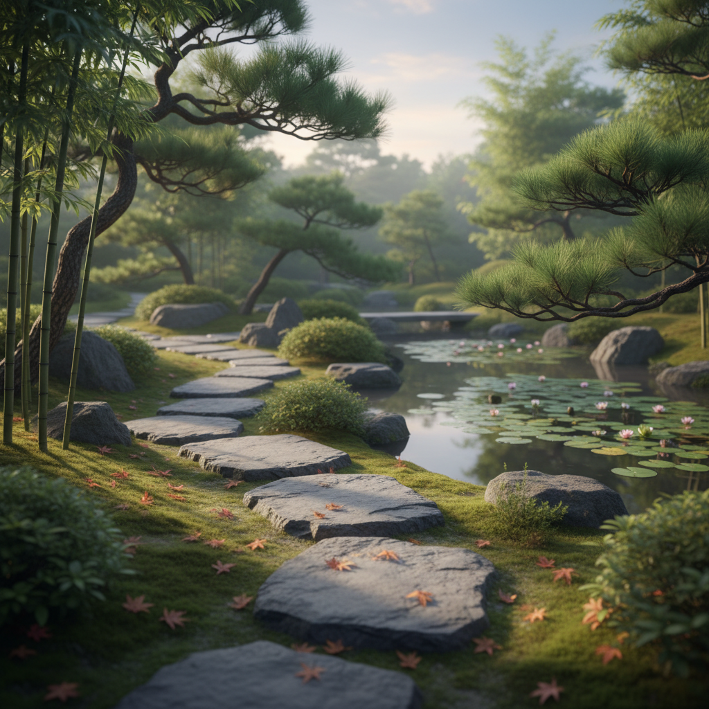 Spokojna ścieżka w ogrodzie japońskim, ułożona z dużych, nieregularnych płyt z naturalnego, szarego kamienia. Ścieżka prowadzi obok małego stawu z liliami wodnymi i jest otoczona przez formowane sosny, bambusy i kępy mchu. Minimalistyczna i harmonijna kompozycja, subtelne, poranne światło.